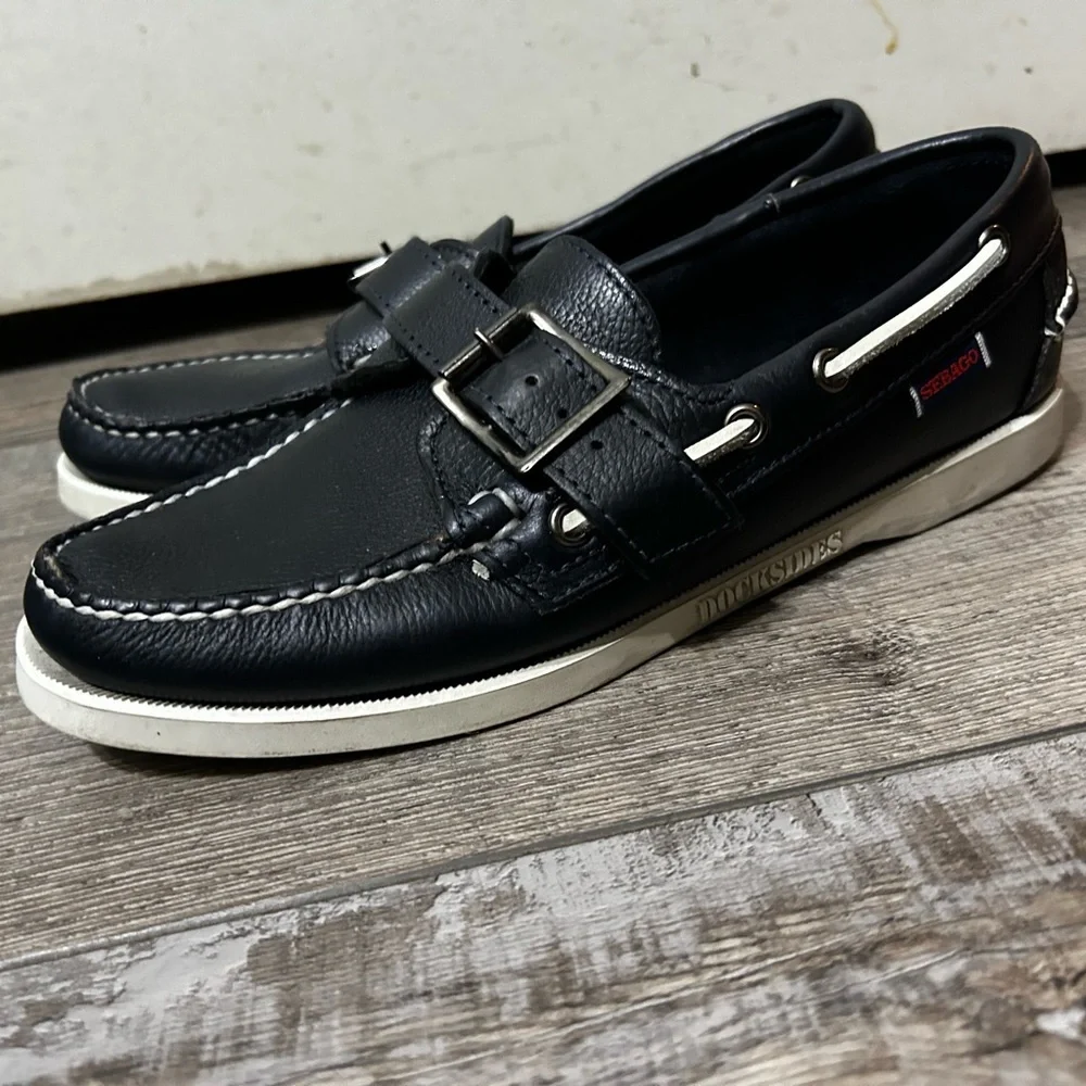 Ronnie Fieg x Sebago Leather docksiders Boat Shoes navy & grey Buckle